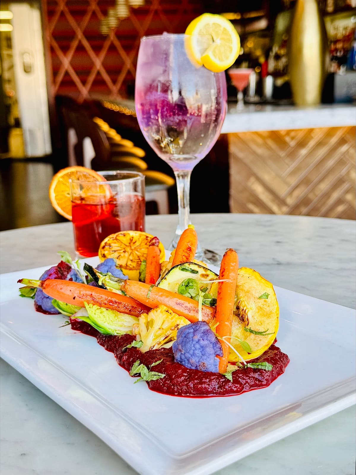 Grilled vegetables with craft cocktails at the bar